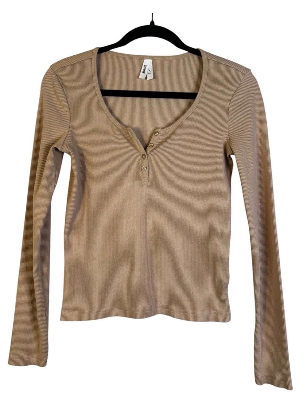 Pact Organic Cotton Blend Ribbed Henley Top Shirt Size Small S Tan Scoop Neck
